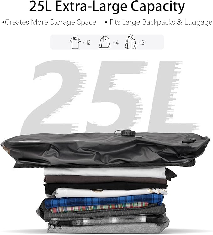 Vacuum Bags with Wireless Pump, Reusable Compression Space Saver for Travel, Visual Window, Sealed and Dust-Free, IP68 Waterproof Packing Cubes for Carry on Suitcases and Backpacks (Black 25L 1PC)