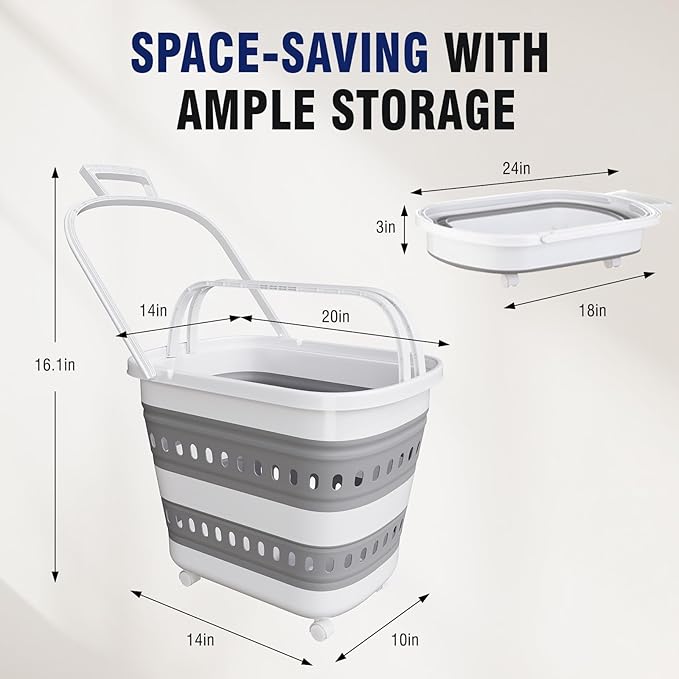 Collapsible Plastic Laundry Basket Hamper with Wheels, 45L Portable Rubber Clothes Basket, Pop Up Storage Container/Organizer with Hanging basket for Washing & Storage, Grey