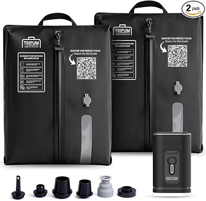 Travel Vacuum Bags with Electric Pump - 2 Pack Space Saver Compression Kit for Luggage, Portable Storage for Clothing and Suitcases, Includes USB Rechargeable Sealer