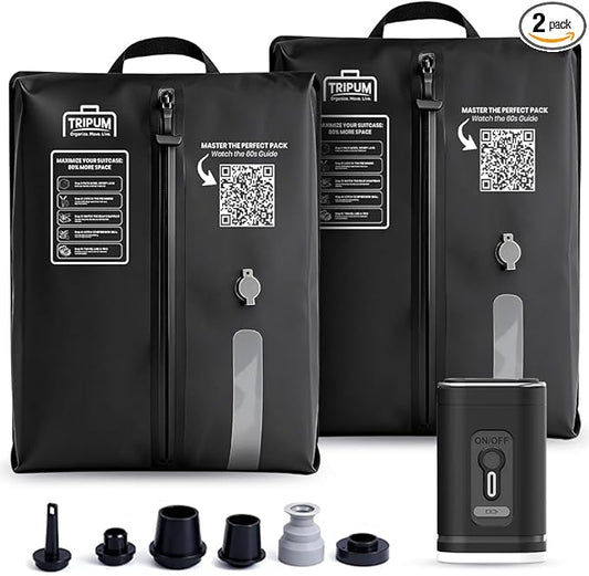 Travel Vacuum Bags with Electric Pump - 2 Pack Space Saver Compression Kit for Luggage, Portable Storage for Clothing and Suitcases, Includes USB Rechargeable Sealer