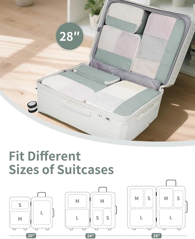 Narwey 7 Set Packing Cubes Durable Packing Organizers Bag Organizer Bags Travel Carry on Suitcase Luggage for Women (Mint Green)