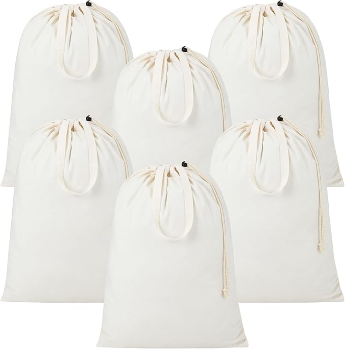 Zhehao 6 Packs Canvas Laundry Bags 20" x 28" Thick Heavy Duty Cotton Laundry Bag with Handles & Drawstring Fit a Basket or Hamper Perfect for College Dorm Apartment Dwellers and Travel (White)