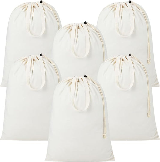 Zhehao 6 Packs Canvas Laundry Bags 20" x 28" Thick Heavy Duty Cotton Laundry Bag with Handles & Drawstring Fit a Basket or Hamper Perfect for College Dorm Apartment Dwellers and Travel (White)