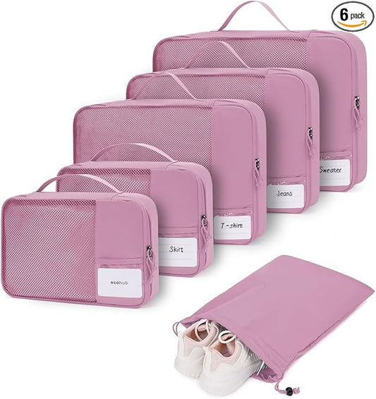ECOHUB 6 Set Packing Cubes for Travel Durable Suitcase Organizer Bags Set with Personalized Tag Travel Essentials with Shoe Bag Traveling Accessories for Luggage Machine Washable, Pink