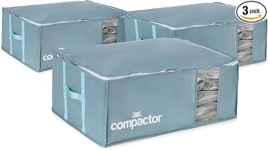 Compactor 3 Pack Vacuum Storage Bag with Semi-Rigid Box, Closet Organizer, Vacuum Seal Bags for Clothing and Bedding, Fits All Vacuum and Nozzle Types, 210L, Blue, XXL