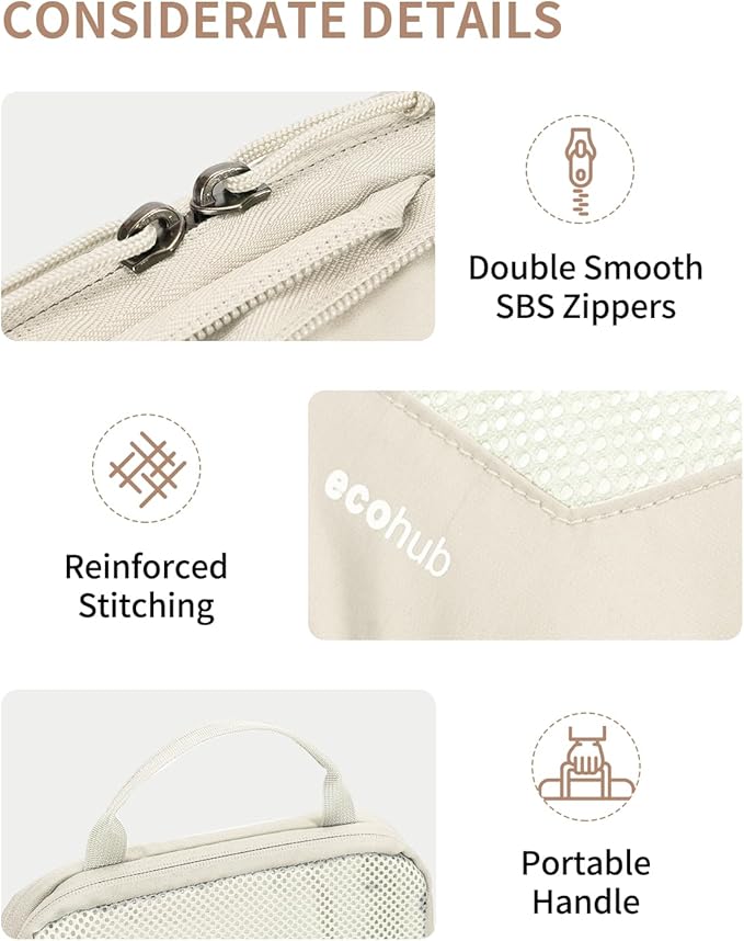 ECOHUB 4 Set Compression Packing Cubes for Travel Essentials, Suitcases Organizer Bags with Tag, Travel Bags Organizer for Luggage, Beige-Compress