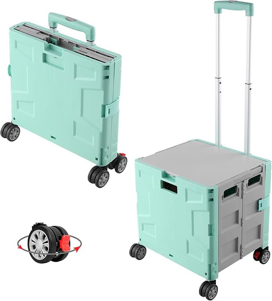 FELICON Folding Utility Cart Portable Rolling Crate Handcart with Durable Heavy Duty Plastic Telescoping Handle Collapsible Hidden Lid 4 Rotate Wheels for Travel Shop Move Office Teacher(Green&Gray)