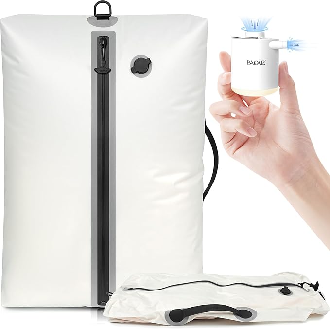BAGAIL TPU Vacuum Bag for Travel, Reusable Compression Bag with IPX8 Waterproof Zipper, Save Space for Suitcase, Backpack and Carry on (Cream, Large, With Pump)