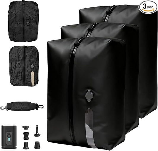 Travel vacuum bags with Pump, Reusable Waterproof Durable Tear-Resistant Nylon Luggage Compression Storage Bags (18L2 + 34L Set), Suitable for Luggage and Suitcase