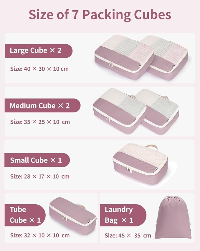 Narwey 7 Set Packing Cubes for Travel Carry on Suitcase Luggage Organizer Bags for Kids Women Men, Durable Packing Organizers Bag, Travel Essentials Accessories (Dusty Pink)