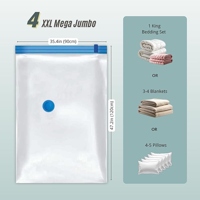 4 Mega Jumbo XXL Vacuum Storage Bags with Pump, Supersized Compression Space Saver for Comforter, duvet, Bedding, Blanket storage, Vacuum Seal Bags for Clothing, Durable Safe Poly Material