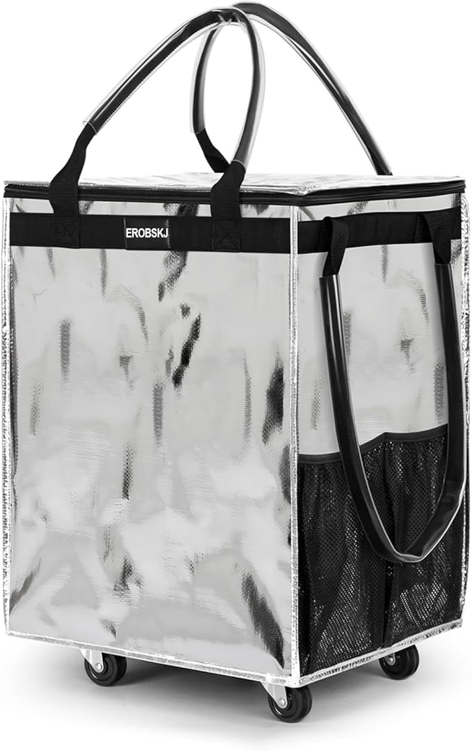 (Medium,Silver) Reusable Grocery Bag on Wheels, 70L Foldable Rolling Tote, Carries Up to 66 lbs Shopping Trolley, Zipper Clouser Shopping Carts for Trips, Laundry, 4 Heavy Duty Wheels and 3 Handles