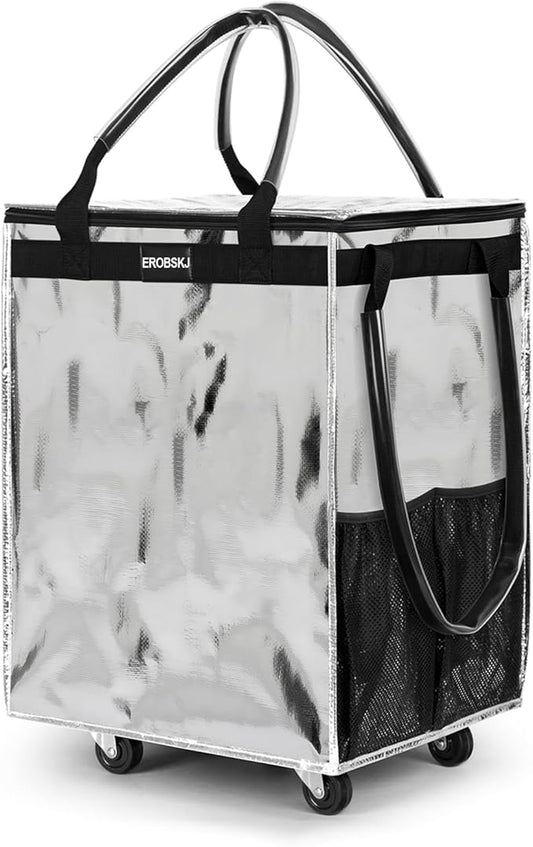 (Medium,Silver) Reusable Grocery Bag on Wheels, 70L Foldable Rolling Tote, Carries Up to 66 lbs Shopping Trolley, Zipper Clouser Shopping Carts for Trips, Laundry, 4 Heavy Duty Wheels and 3 Handles
