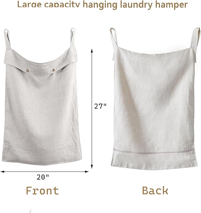 100% Linen Hanging Laundry Hamper Bag 20x27 Inch, Over the Door with 2 Buttons and Bottom Zipper Saving Space Wall Back organizers For Dirty Clothes Dorm Travel College Camp Sock Large Capacity,Linen
