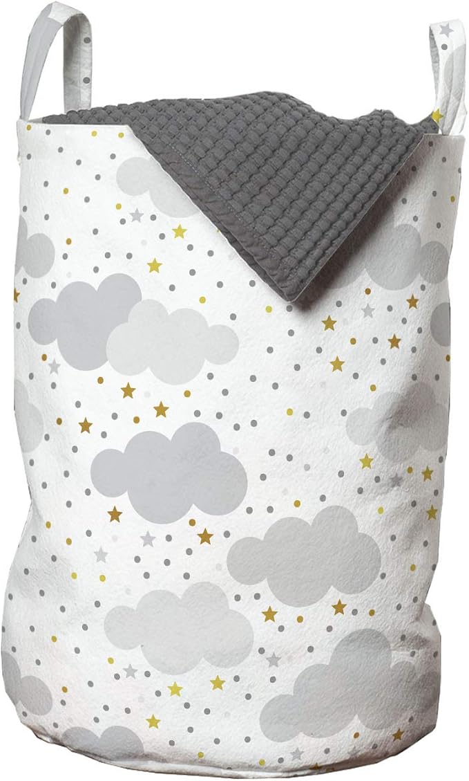 Ambesonne Clouds Laundry Bag, Themed Pattern with Dreamy Sky with Dots and Stars, Hamper Basket with Handles Drawstring Closure for Laundromats, 13" x 19", Grey Coffee