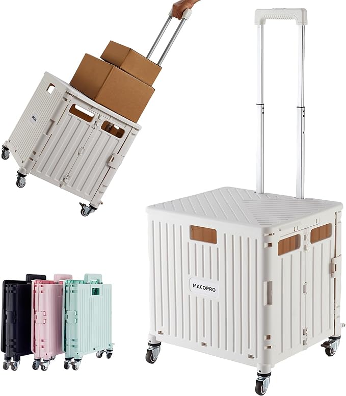 Foldable Utility Cart Folding Portable Rolling Crate Handcart with Durable Heavy Duty Plastic Telescoping Handle Collapsible 4 Rotate Wheels for Travel,Shopping, Luggage, Office, Teacher(White)
