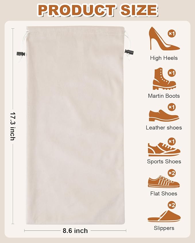 4 Pcs Single Shoe Bags for Travel, 17.3"x8.6" Washable Travel Shoe Bags for Packing in Suitcase, Velvet Dust Bag with Drawstring, Shoe Pouch for Women and Men, Travel and Home Storage (Beige)