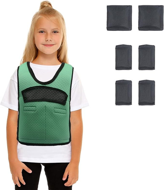 Compression Vest for Kids-Green, Weighted Vest for Kids Including 6 Removable Weights, (Large, Ages 10+)