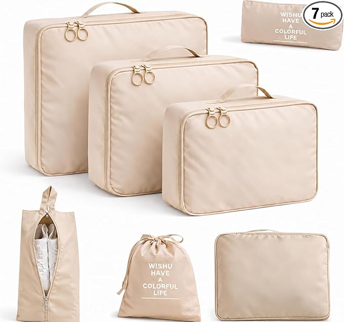 7 Set Packing Cubes For Travel | Luggage Organizer Bags With Shoe, Laundry Bag, Accessory Pouch And Lingerie Bag | Durable And Space Saving Suitcase Organizer For Travel Essentials | Beige