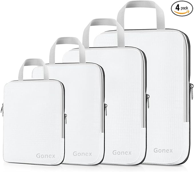 Gonex Compression Packing Cubes, 4pcs Expandable Storage Travel Luggage Bags Organizers (White)