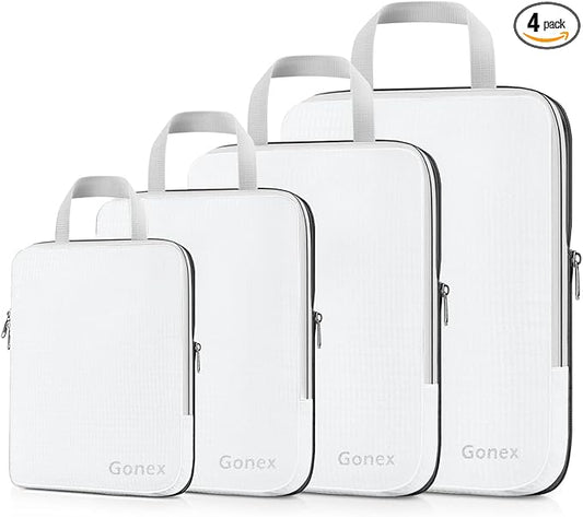 Gonex Compression Packing Cubes, 4pcs Expandable Storage Travel Luggage Bags Organizers (White)