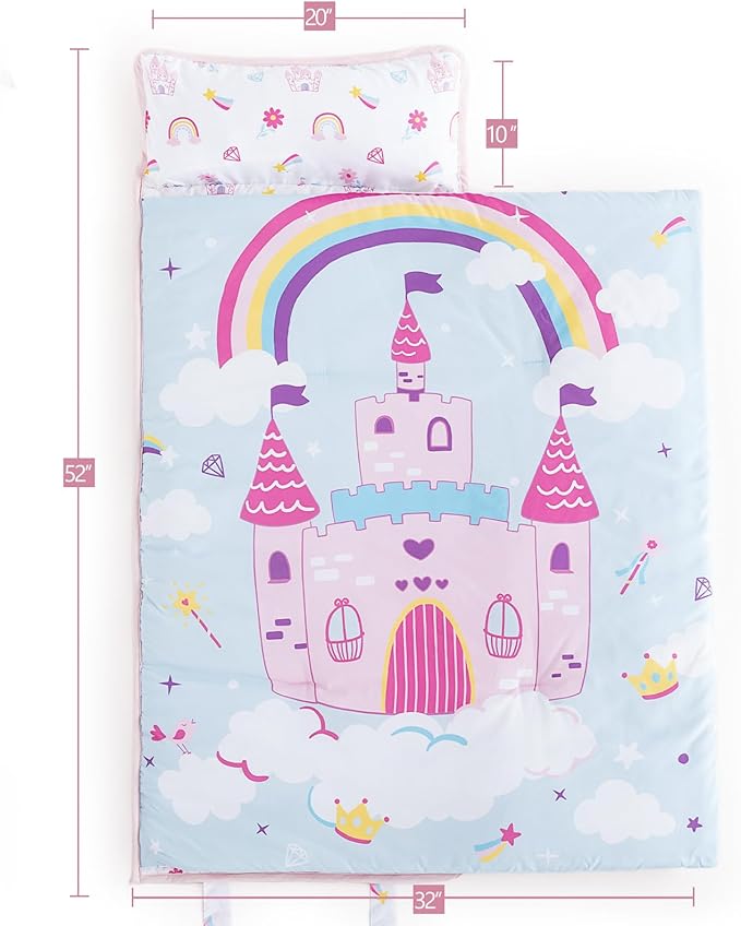 PHF Castle Toddler Nap Mat Set, with Removable Pillow for Toddler Girls, Soft and Lightweight for Daycare, Preschool, Travel, Kindergarten Sleeping Bag, Fits Ages 3-6 Years, Castle