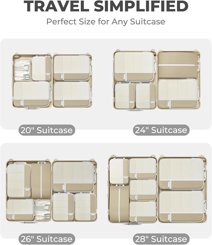 Percover Compression Packing Cubes for Travel, 4-Piece Structured Compression Organizer Set with Label Pockets for Carry-On & Checked Luggage, Camel