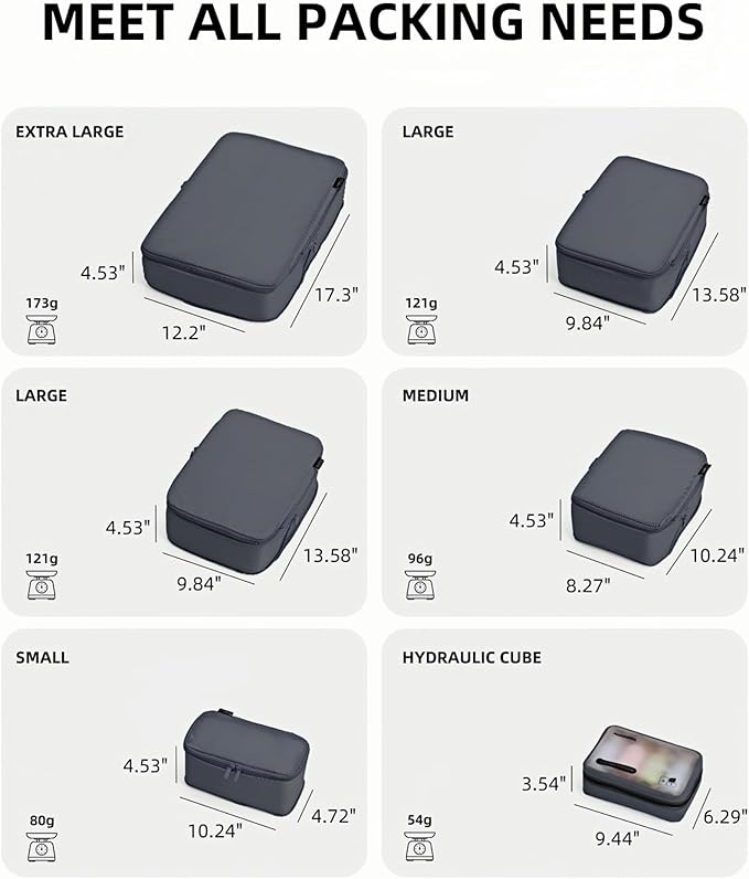6 Set Compression Packing Cubes for 7–14 Day Travel, Durable Nylon Oxford Luggage Organizers with IP6X Waterproof Toiletry Bag, Expandable Suitcase Packing System (Charcoal Gray)