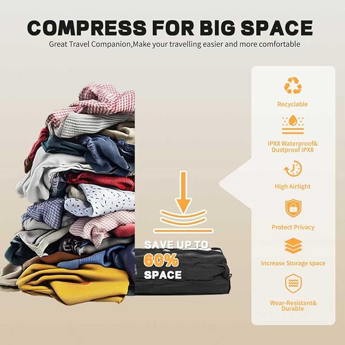 Reusable Vacuum Bags for Travel,Professional Waterproof IPX8 Zipper Vacuum Compression Bag for Suitcases Backpack,Space Saver Bags Packing Organizers for Clothing Packing(2 Pack,Dark Black)