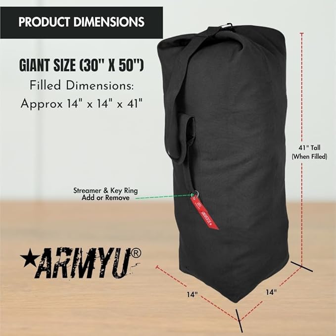 Top Load Heavyweight Cotton Canvas Tactical Military Duffle Bag Carryall Shoulder Storage Bulk Travel Bag, Black - 14" x 14" x 41"
