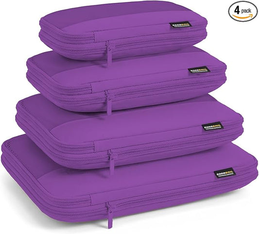 4 Piece Compression Packing Cubes for 3–7 Day Travel, Space Saving Travel Organizers with Breathable Mesh, Double-Zipper Packing Cubes for Carry-On & Suitcases (Purple)
