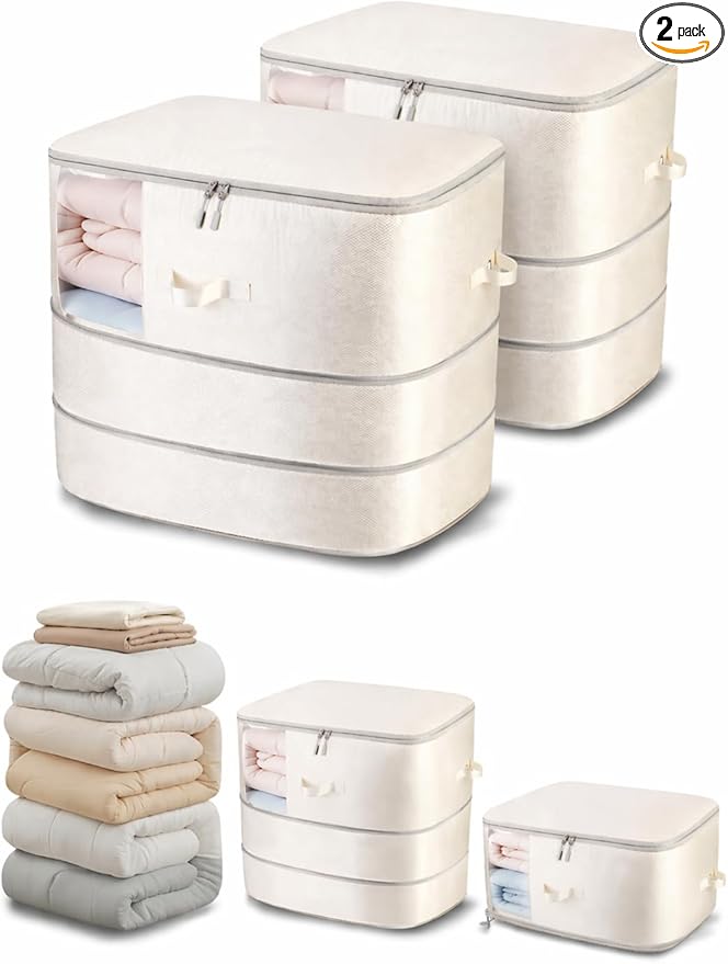 Comforter Storage Bag - 3-Layer 2-Pack Self Compression Organizer, Closet Organizers and Storage, Under Bed Space Saver, Blanket Organizer for Bedding, Pillow, Sheet, Clothes, Nursery Use