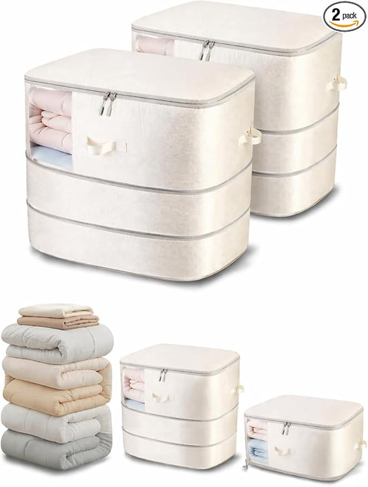Comforter Storage Bag - 3-Layer 2-Pack Self Compression Organizer, Closet Organizers and Storage, Under Bed Space Saver, Blanket Organizer for Bedding, Pillow, Sheet, Clothes, Nursery Use