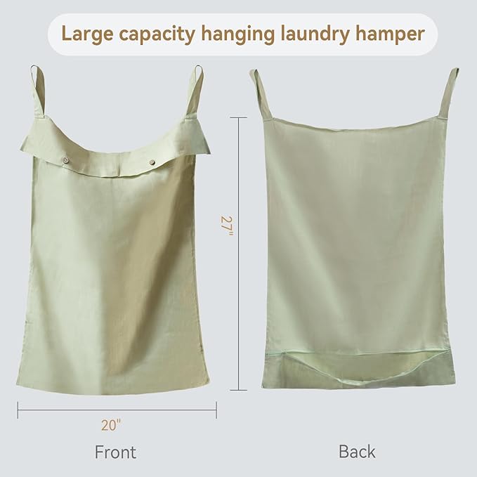 100% Linen Hanging Laundry Hamper Bag 20x27 Inch, Over the Door with 2 Buttons and Bottom Zipper Saving Space Wall Back organizers For Dirty Clothes Dorm Travel College Camp Sock Large Capacity,Green