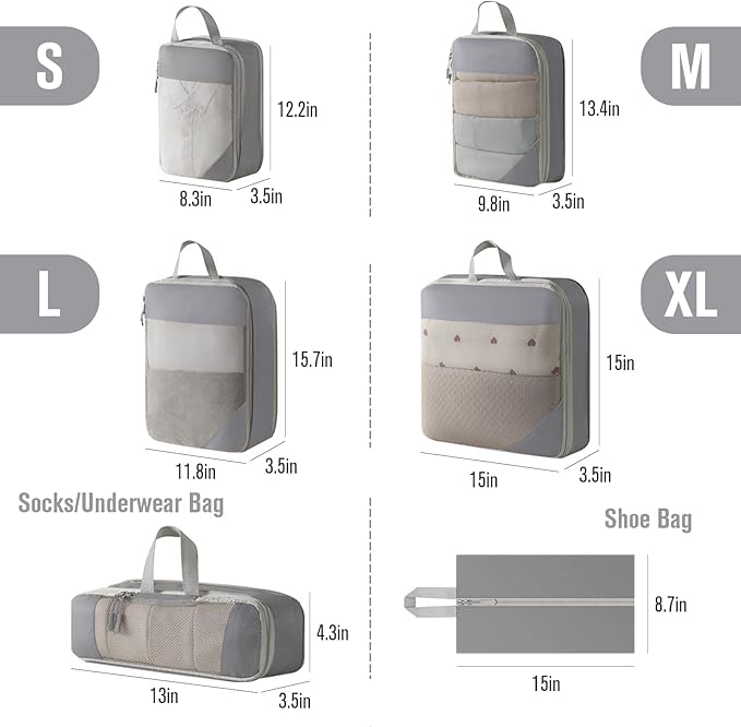 WOOMADA Compression Packing Cubes for Suitcases Travel Essentials 6 Set Rectangle Mesh Expandable Travel Bags Organizer for Luggage