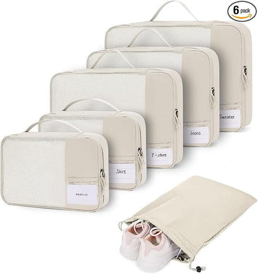 ECOHUB 6 Set Packing Cubes for Travel Durable Suitcase Organizer Bags Set with Personalized Tag Travel Essentials with Shoe Bag Traveling Accessories for Luggage Machine Washable, Beige