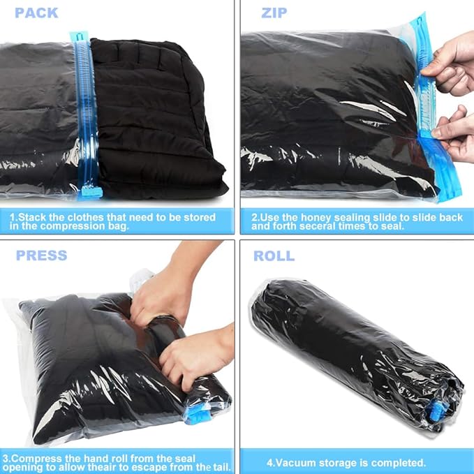 ALMING Compression Bags - Travel Essentials - 12 Pack Space Saver Bags - No Vacuum Pump Or Air Extractor is Needed - Storage Accessorie and Home Packing Organizers (transparent)