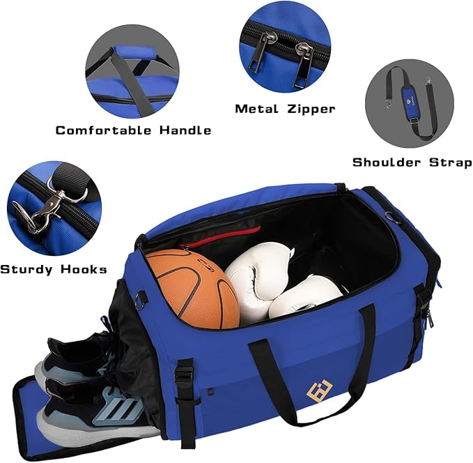 Extra Large Sports Gym Bag, Travel Duffel bag with Wet Pocket & Shoes Compartment for men women, 85L, Lightweight （Blue）