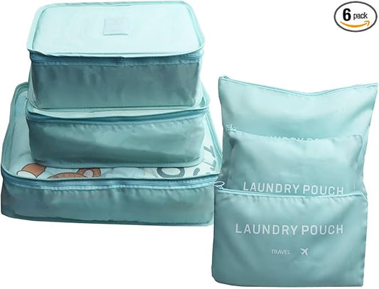 6 Pack Packing Cubes Compression - Travel Cubes for Carry on Suitcases - Travel Storage Bags, Luggage Organizer with Laundry Pouch, Travel Packing Organizers Bag for Clothes Storage Bag - Blue