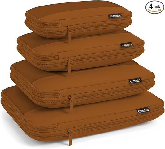 4 Piece Compression Packing Cubes for 3–7 Day Travel, Space Saving Travel Organizers with Breathable Mesh, Double-Zipper Packing Cubes for Carry-On & Suitcases (Brown)