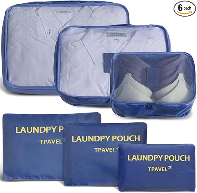 6 Set Packing Cubes for Travel Luggage Packing Bags Reusable Waterproof Suitcase Organizer Bags Set with Shoe Bag and Toiletry Bag (Navy Blue)