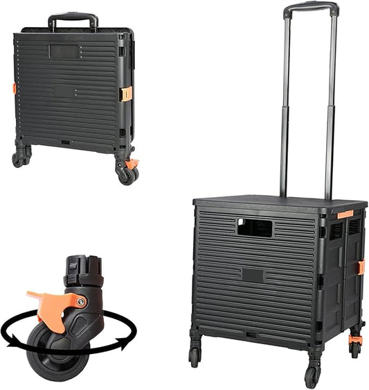 FELICON SELORSS Foldable Utility Cart Folding Portable Rolling Crate Handcart with Heavy Duty Telescoping Handle Collapsible 4 Rotate Wheels for Travel Shopping Move Luggage Office Use(Black+Black)