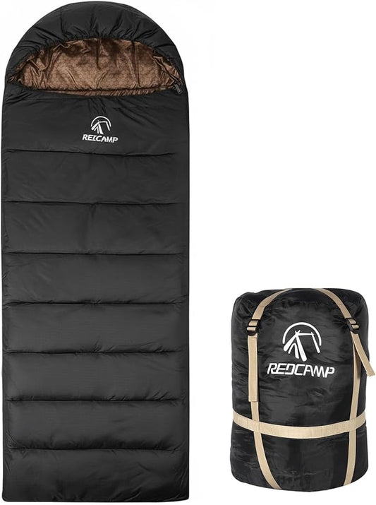 REDCAMP Flannel Sleeping Bag for Adults, Comfortable Cotton Envelope Sleeping Bags for Camping, Backpacking, Hiking, with Detachable Hood&Compression Sack, Blue/Red/Grey/Black
