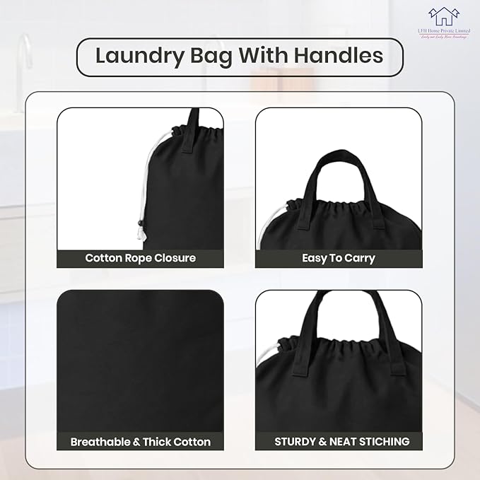 LFH Home Large Premium Cotton Canvas Laundry Bag with Drawstring and Handles Heavy Duty, Multi-Use, and Washable for Home, Travel, College or Storage 28x40 (Pack of 2)-Black