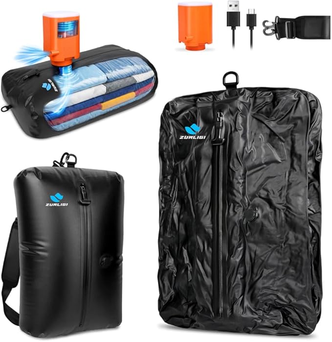 Zurligi Travel Vacuum Bag Kit with Wireless Pump, IPX8 Waterproof Durable, Airtight Heavy-Duty Zipper, Portable Reusable Compression Packing Cubes with Shoulder Strap for Travel, Moving, Home Storage