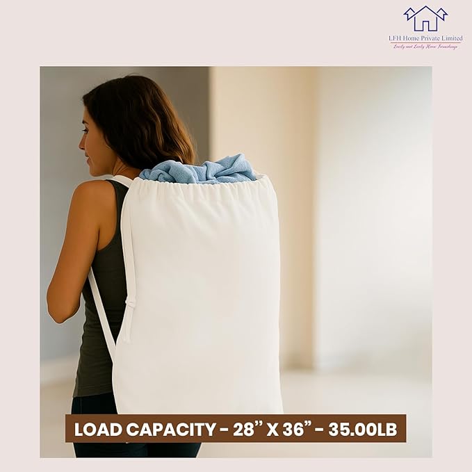 LFH Home Cotton Canvas Extra Large Laundry Bag with Handle, Heavy Duty Drawstring Closure Washable Laundry Bags School Travel, Home, Hotel, College Dorm, Organizer Sack, Toys 28x36-White