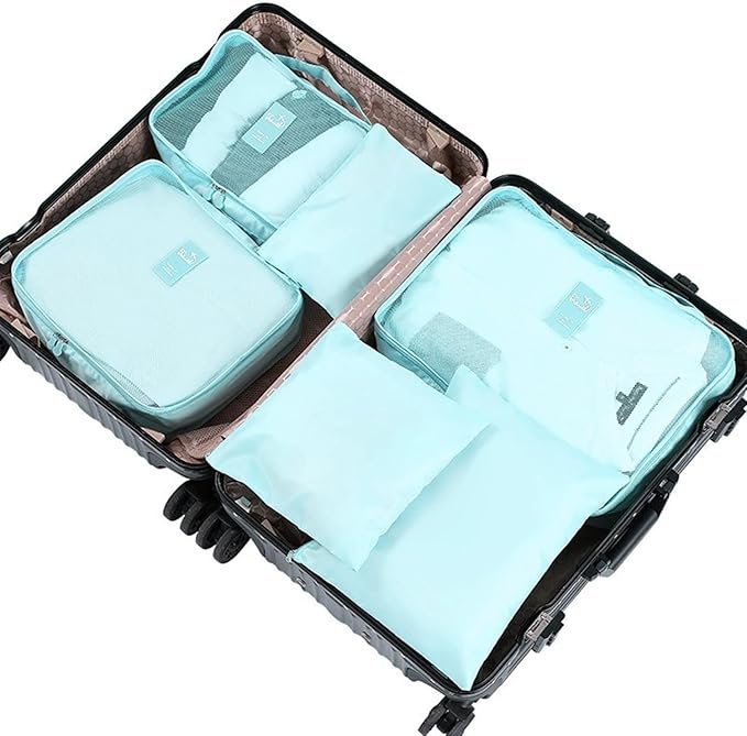 6 Pack Packing Cubes Compression - Travel Cubes for Carry on Suitcases - Travel Storage Bags, Luggage Organizer with Laundry Pouch, Travel Packing Organizers Bag for Clothes Storage Bag - Blue