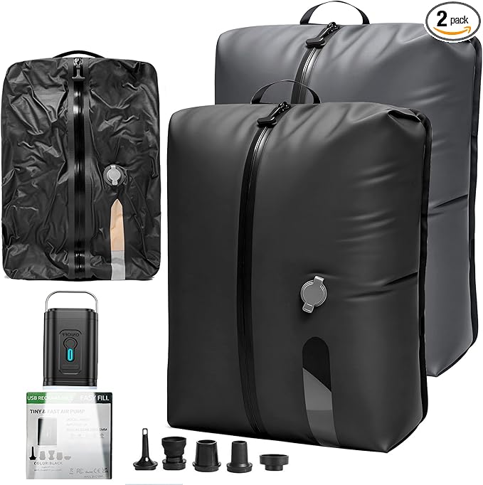 LONGHIKER Travel Vacuum Bags with Pump – Reusable Airless Space Saver Vacuum Storage Bags Compression Bag for Carry-On Suitcase & Backpack, IPX8 Waterproof TPU Vacuum Seal Bags for Clothing (2PC-18L)