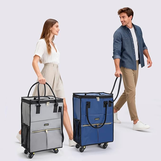 Reusable Grocery Bag on Wheels, Foldable Rolling Duffle Bag, Carry on Luggage Bag with Handle and Zipper Cover for Travel, Lightweight Rolling Tote Shopping Carts (Matte-Grey, Small_41L)