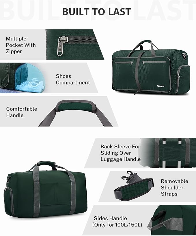 Gonex Large Foldable Travel Duffle Bag with Shoes Compartment, Packable Lightweight Water Repellent Duffel Bag for Camping Gym Weekender Bag